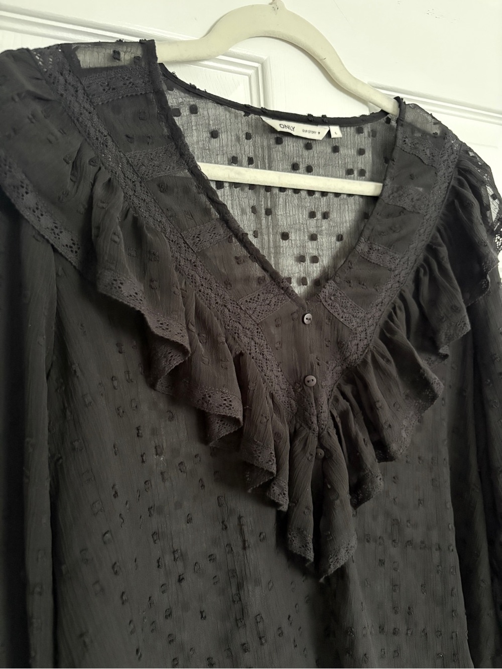 Only Black Ruffled V-Neck Swiss Dot Blouse with Lace Trim - Picture 1 of 4